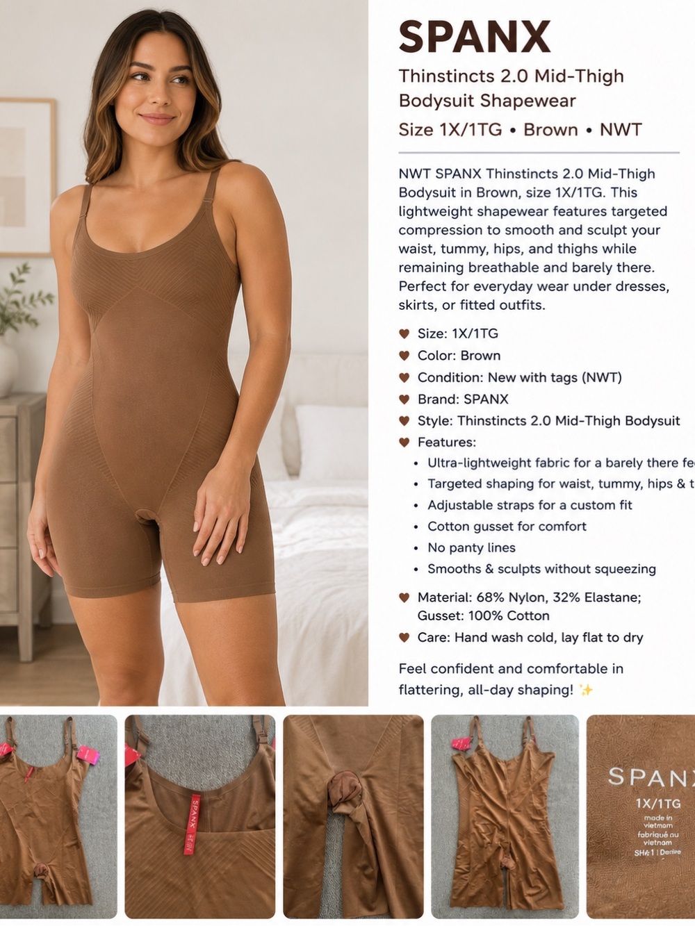 NWT SPANX Brown Thinstincts 2.0 Mid-Thigh Bodysuit Shapewear
